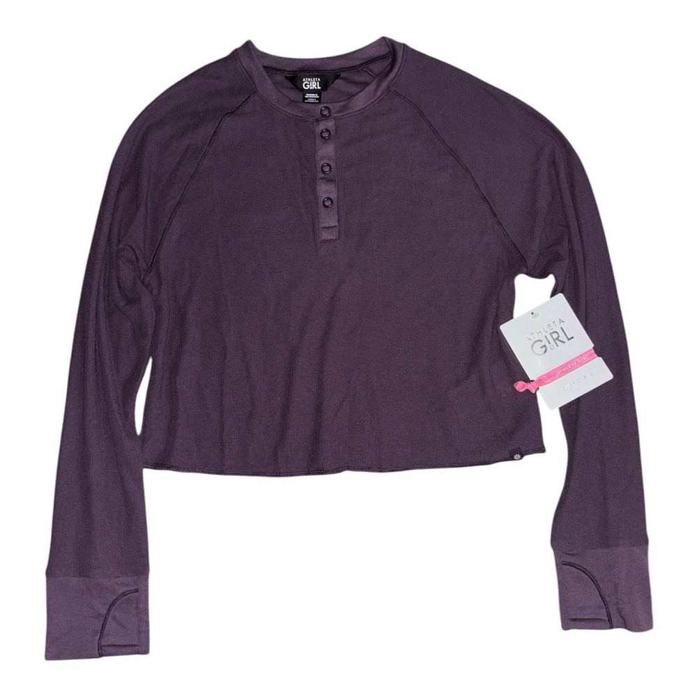 ATHLETA Girls Purple Long Sleeve Black Kickin It Waffle Henley Top, Size Large
